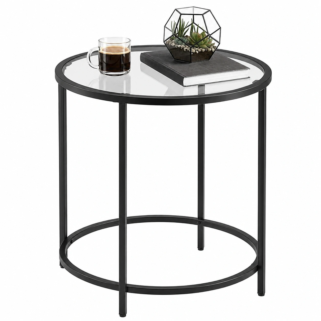 Runder  Beistelltisch mit Glasplatte und Metallrahmen fur Wohnzimmer und Bon, Schwarz/Transparent