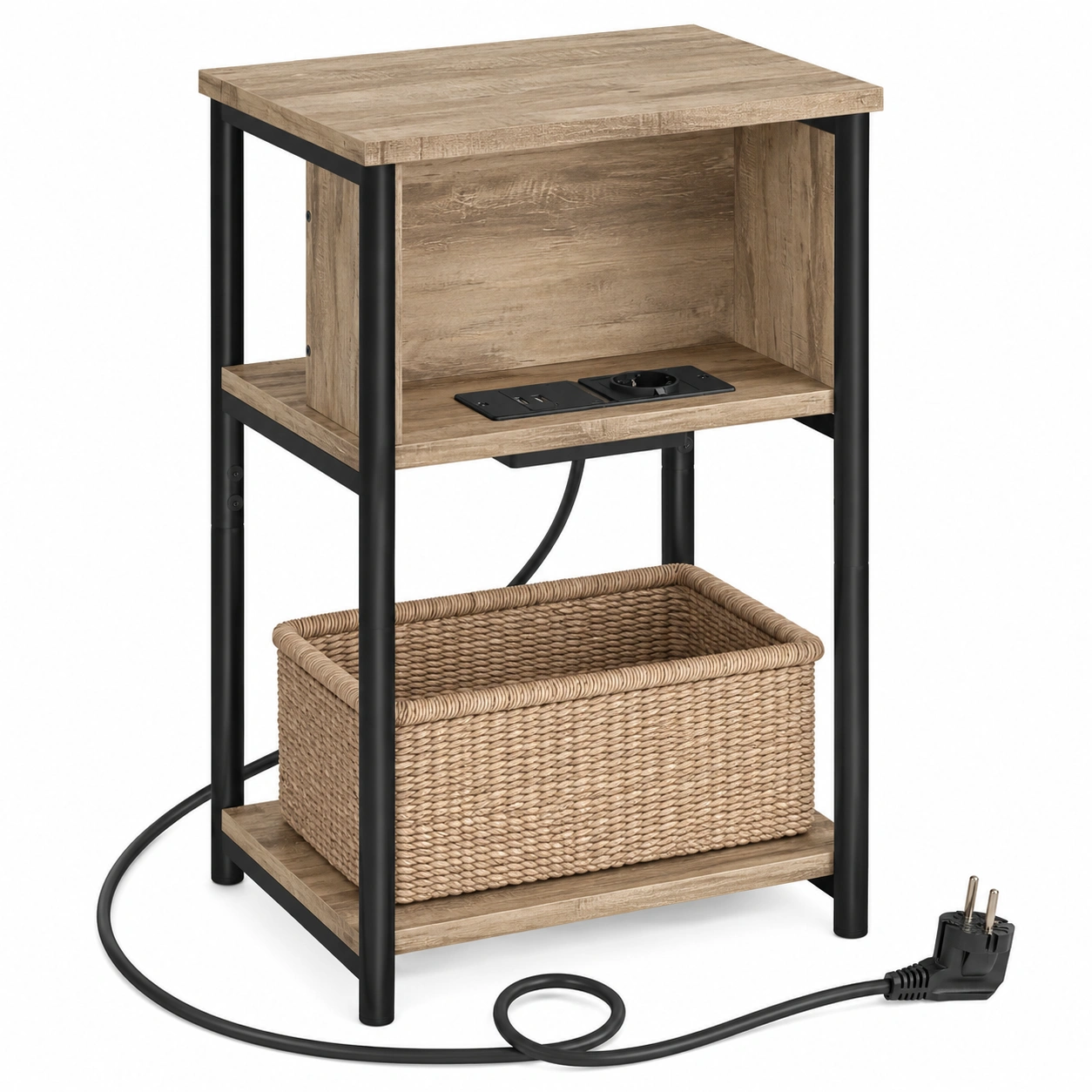 Schmaler  Beistelltisch mit USB- und -Anschlussen, 30x34x58 cm, Haselnussbraun/Schwarz