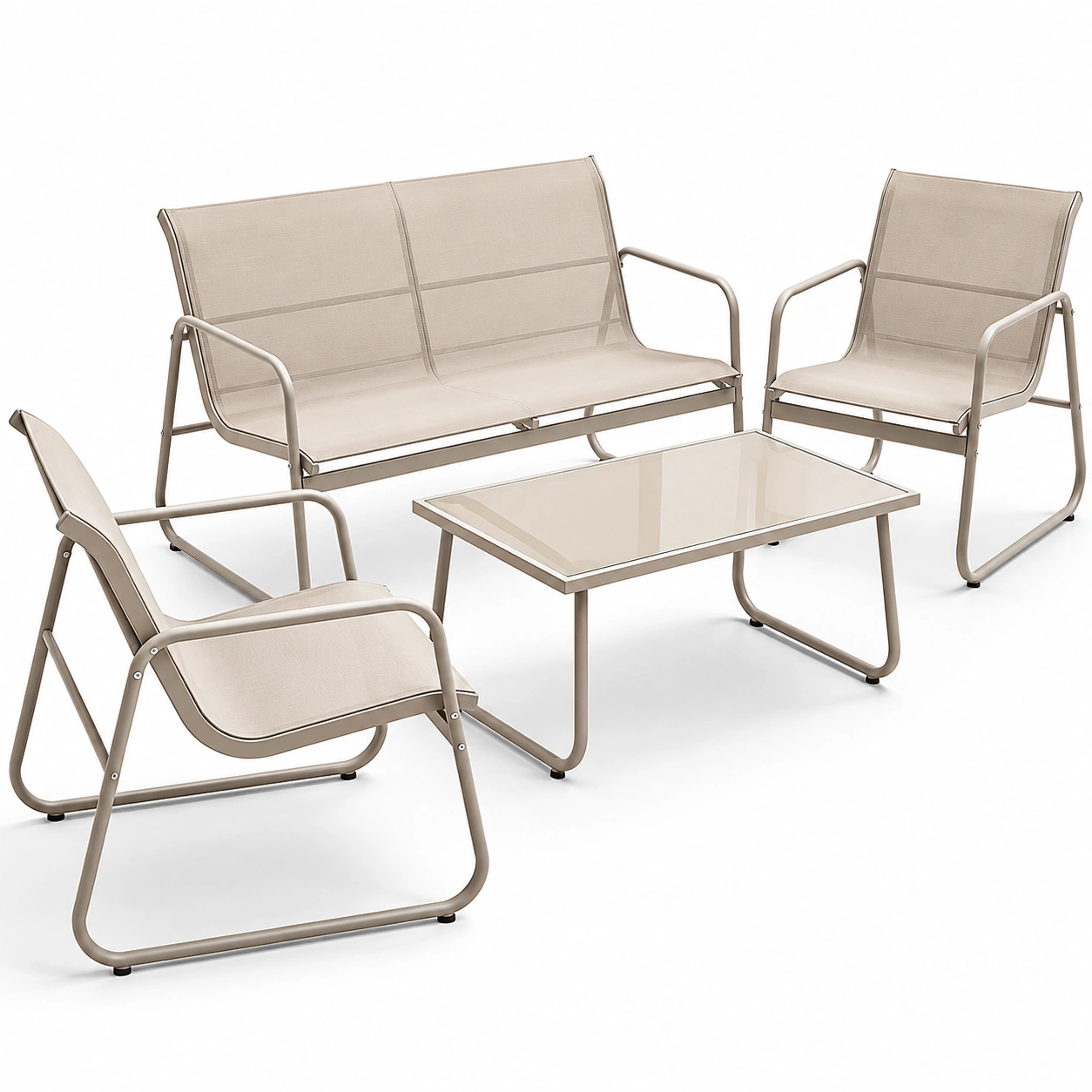 4-teilige Gartenmobelset Genua – Sand, wetterfeste Outdoor-Sitzgarnitur mit Tisch und Ba aus langlebigem Stahl-Timberova