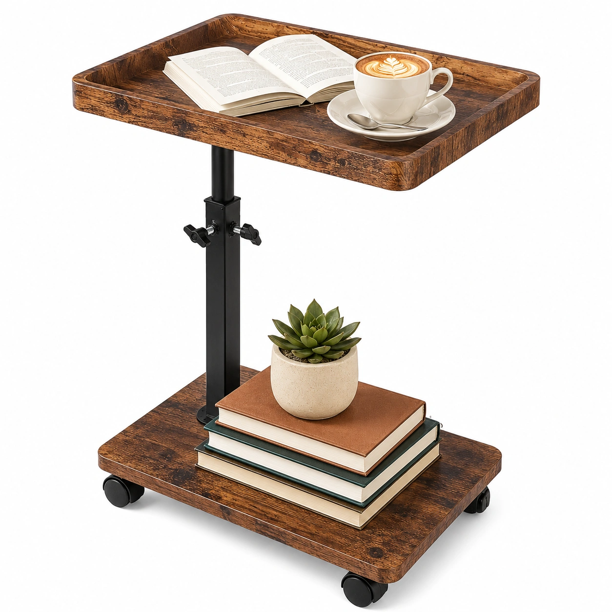 Hohenverstellbarer Beistelltisch mit Rollen, 360° drehbar, Nussbaum, vintagebraun