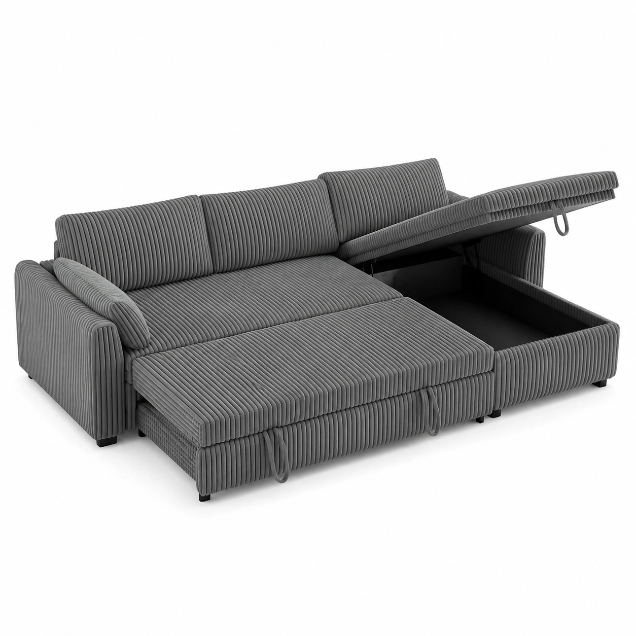 Ecksofa mit Schlaffution und Stauraum, Cordbezug, L-formig, ausziehbar, wendbare Chaiselongue, Grau