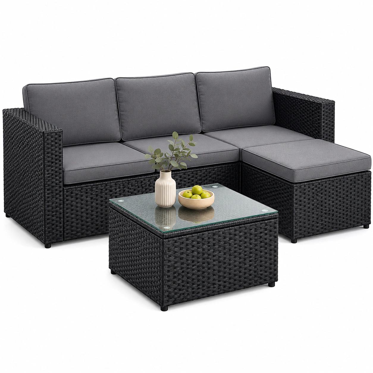 Polyrattan Bonmobel-Set, Ecksofa Lounge, mit Kissen und Glastisch, Outdoor Terrassenmobel, schwarz-grau-Timberova