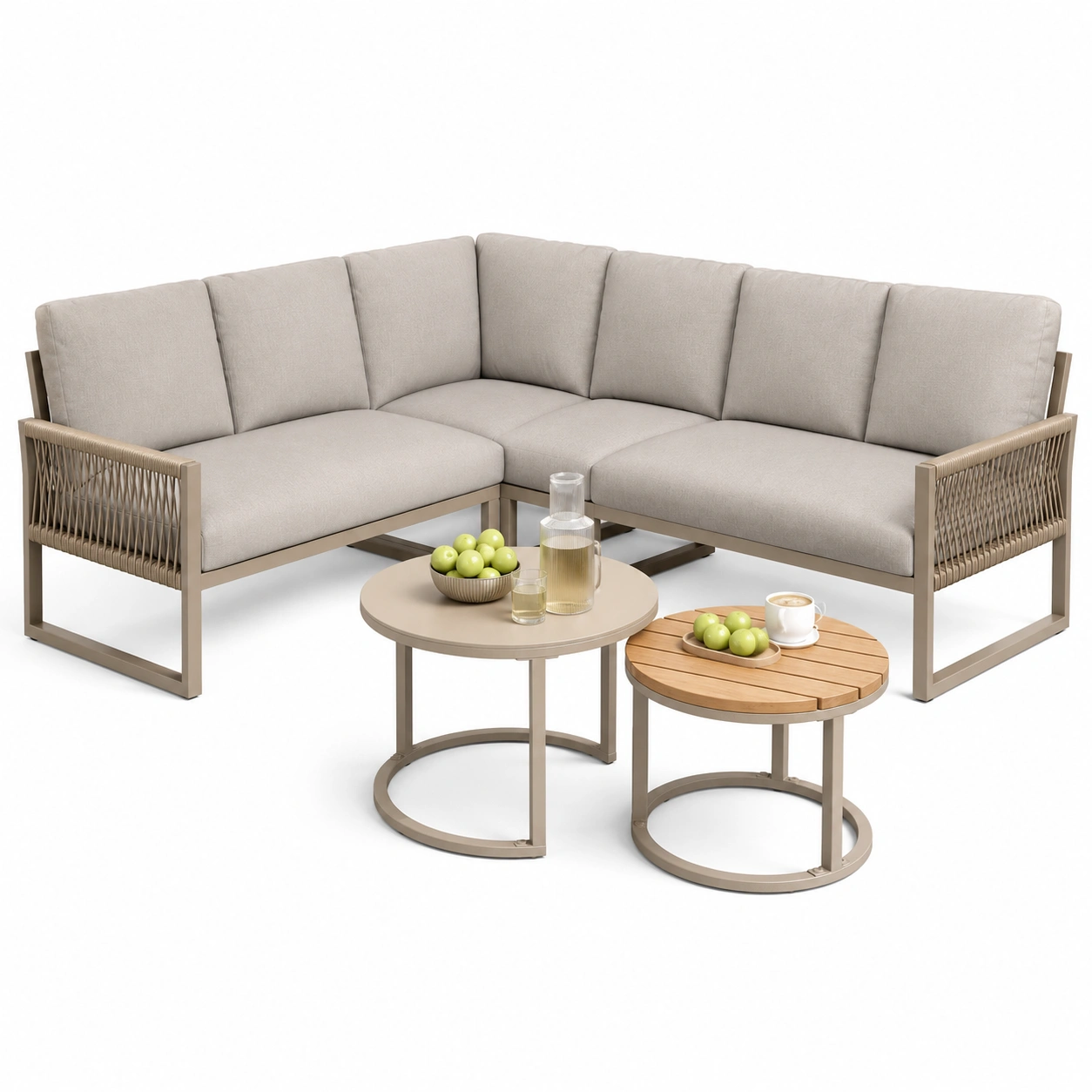 Modulares Gartenmobel-Set fur 6-7 onen mit Ecksofa und verstellbaren Beinen, ilusive Kissen, beige