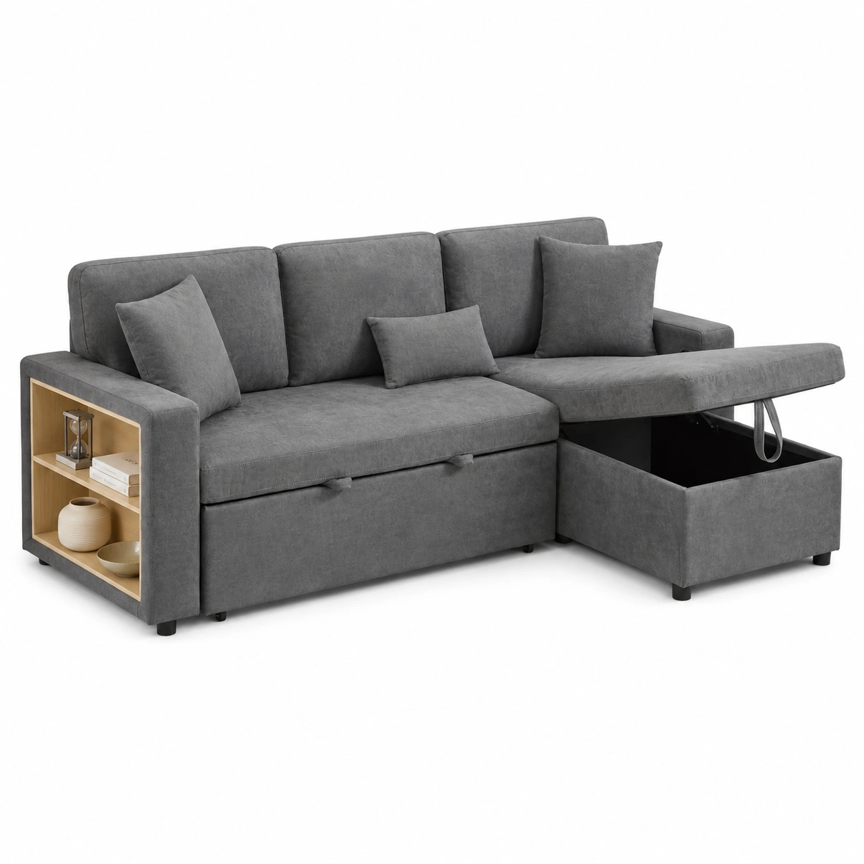 Ecksofa mit Schlaffution und USB-Anschluss, Schlafcouch mit Stauraum und Regal, Duelgrau, fur Wohnzimmer-Timberova