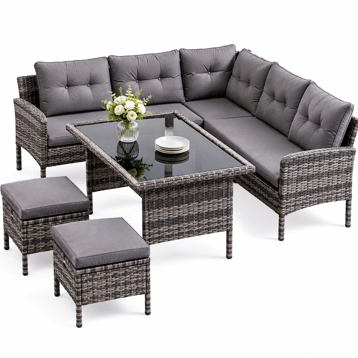 Hochwertiges Rattan Gartenset: Ecksofa, Tisch  waschbare Bezuge - Grau
