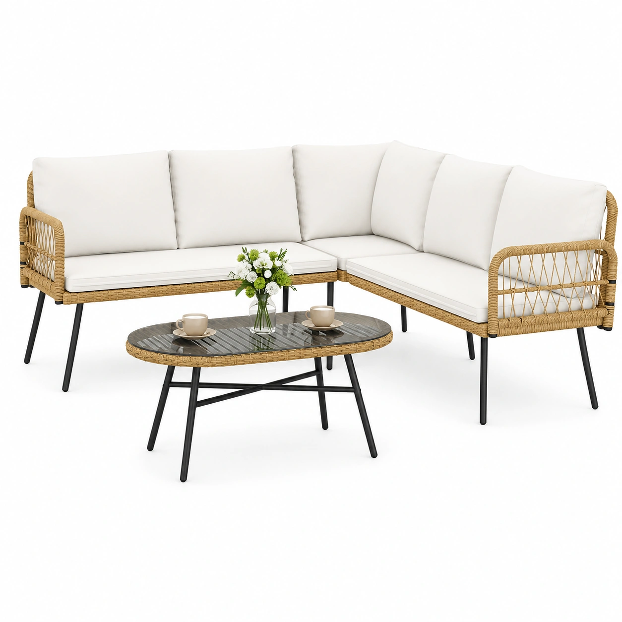 4-teilige Polyrattan Gartenlounge, Ecksofa mit Glastisch und Kissen, Sitzgruppe fur 5 onen, Crweiss