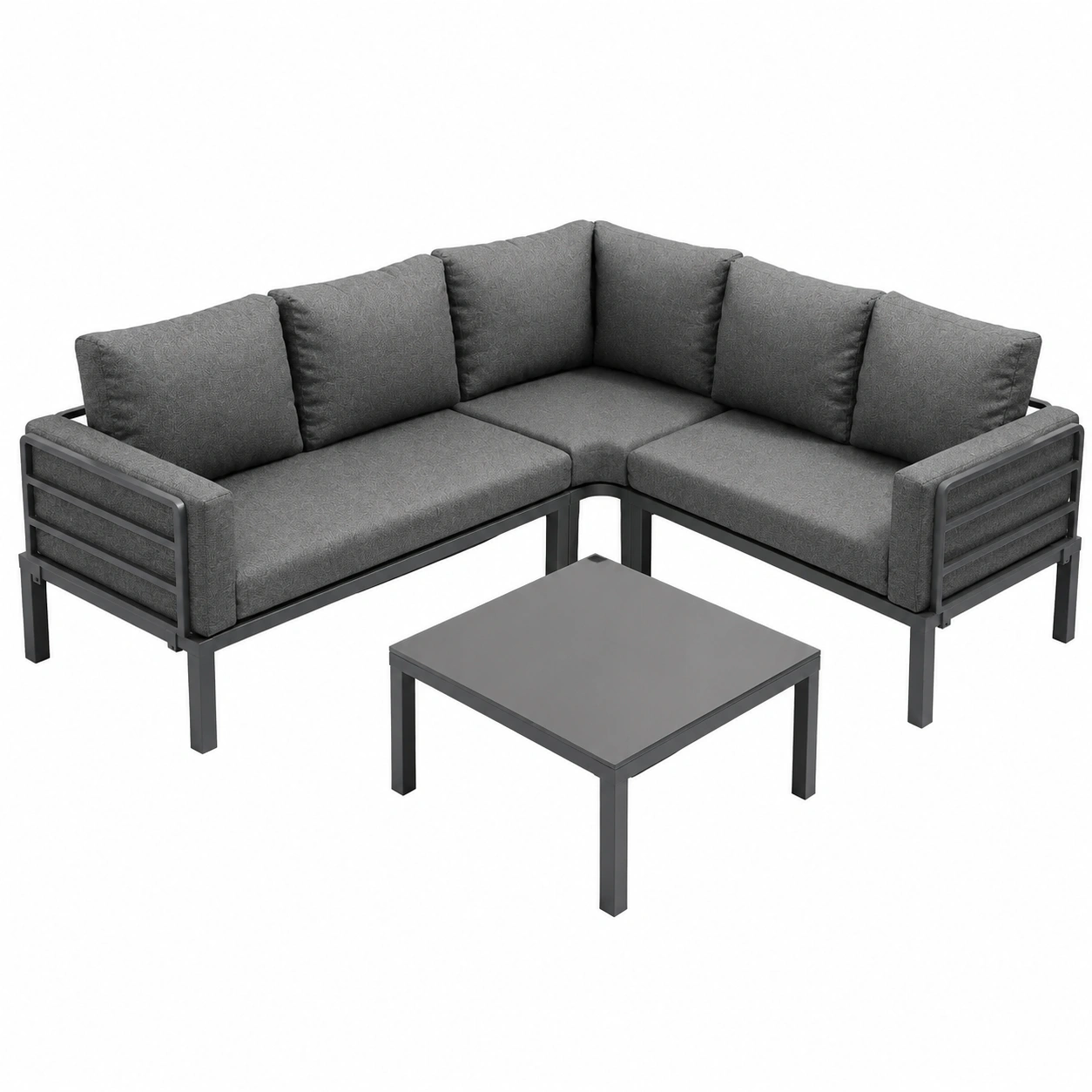 Hochwertiges Garten-Lounge-Set fur 4-5 onen, wetterfeste Outdoor-Mobel, verstellbare Beine, 4-teilig, il. Kissen, grauer Stahlrahmen-Timberova