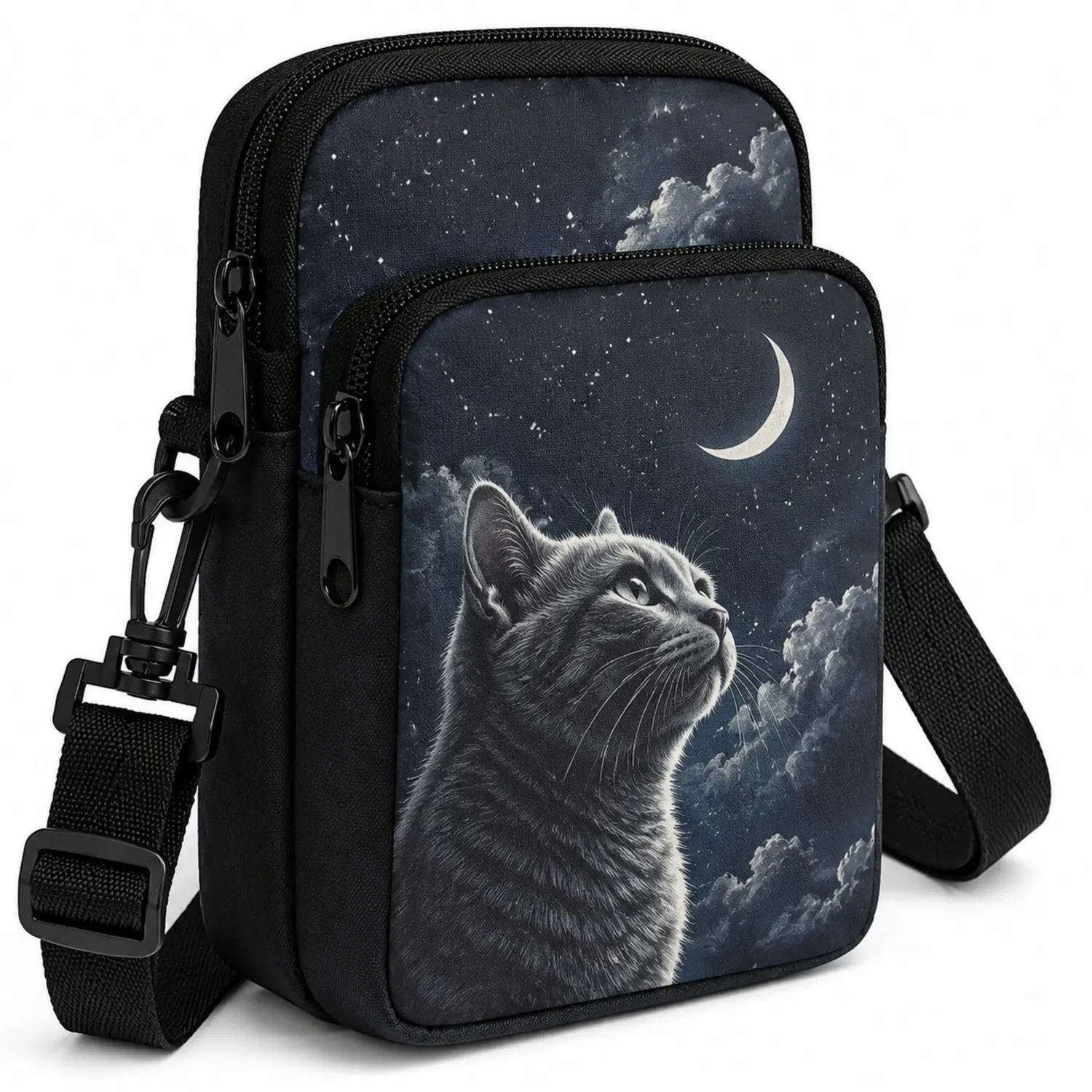 Bolso de Hombro Nocturno con Gato y Luna, Negro