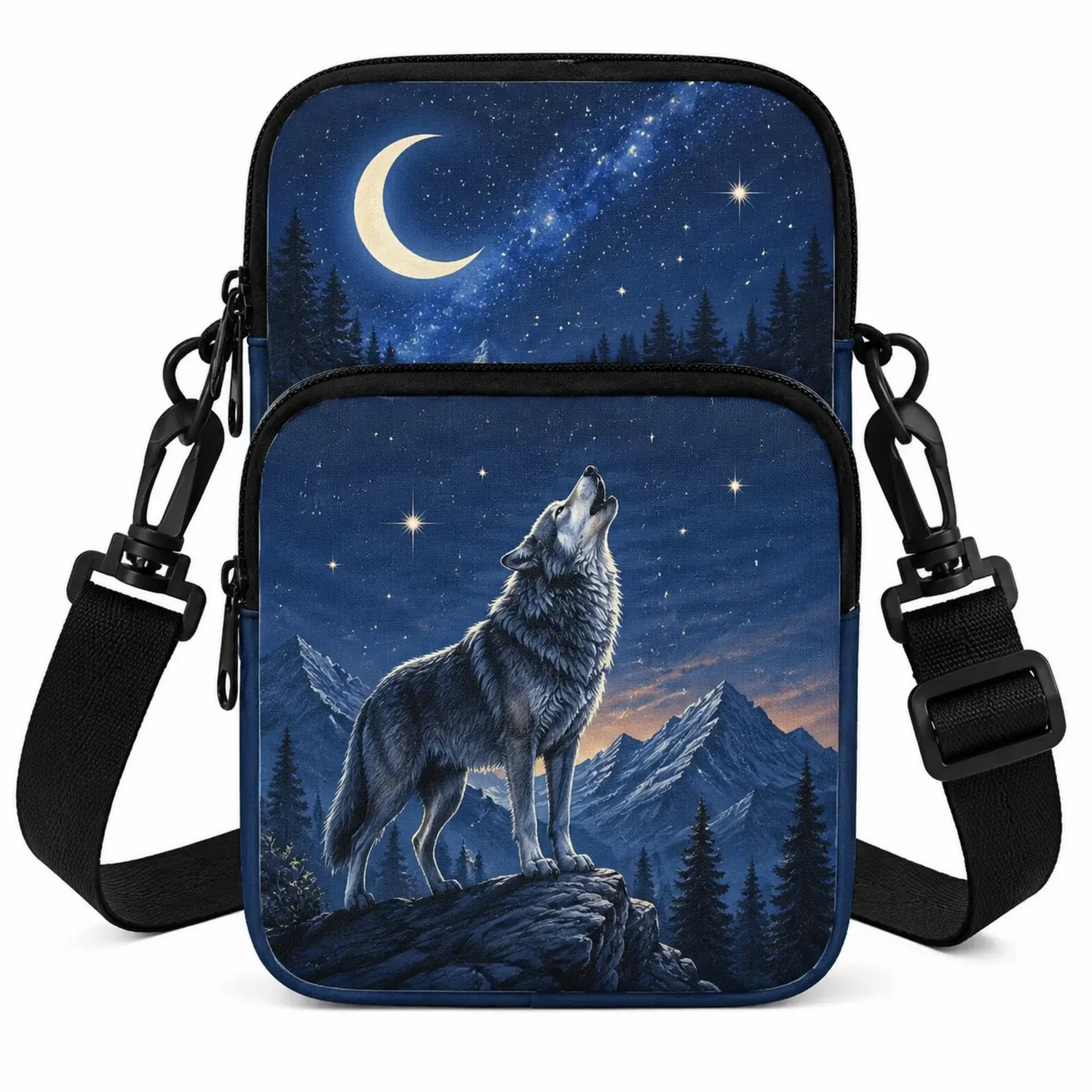 Bolso Bandolera Nocturno Azul con Estampado de Lobo