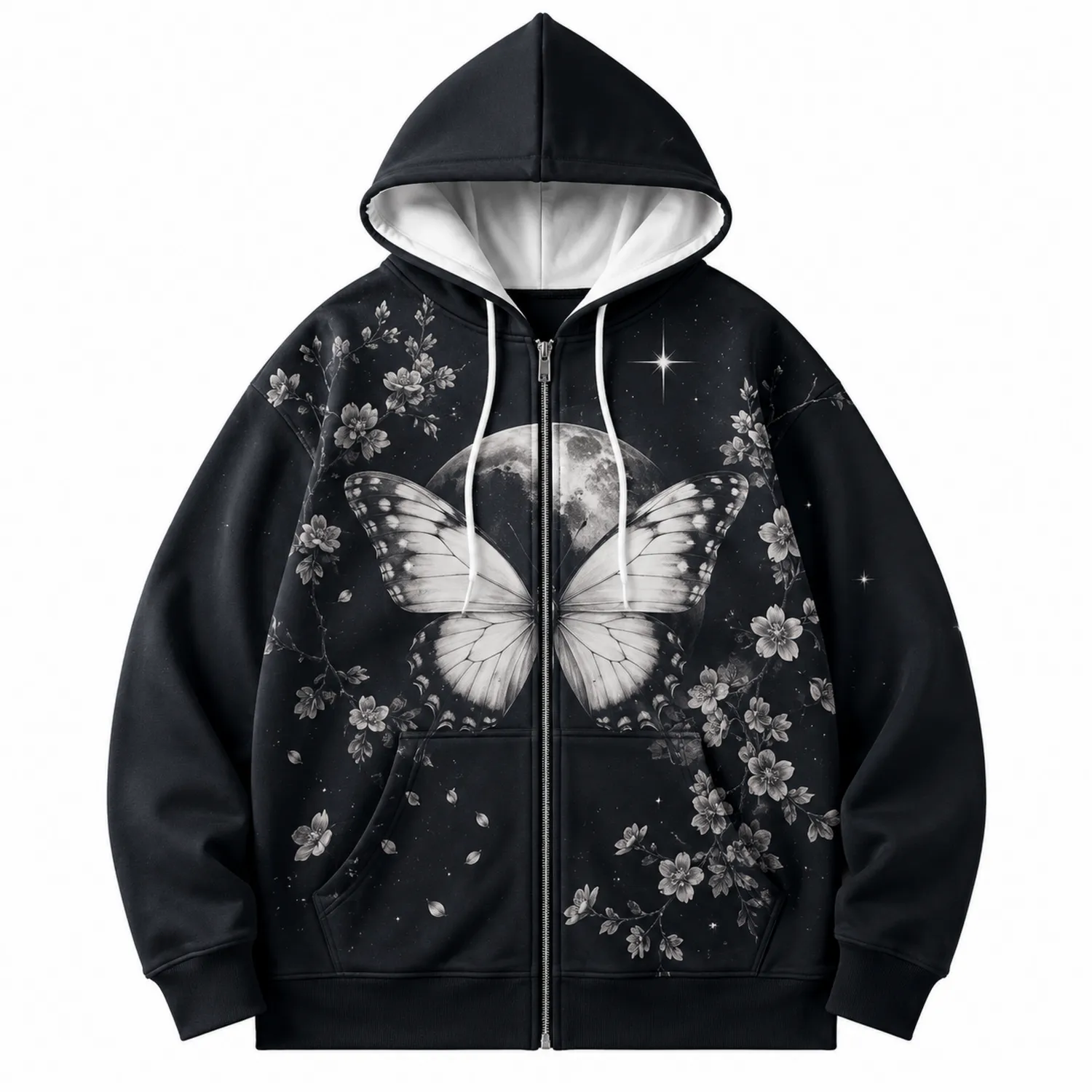 Sudadera con Capucha Negra con Mariposa y Luna