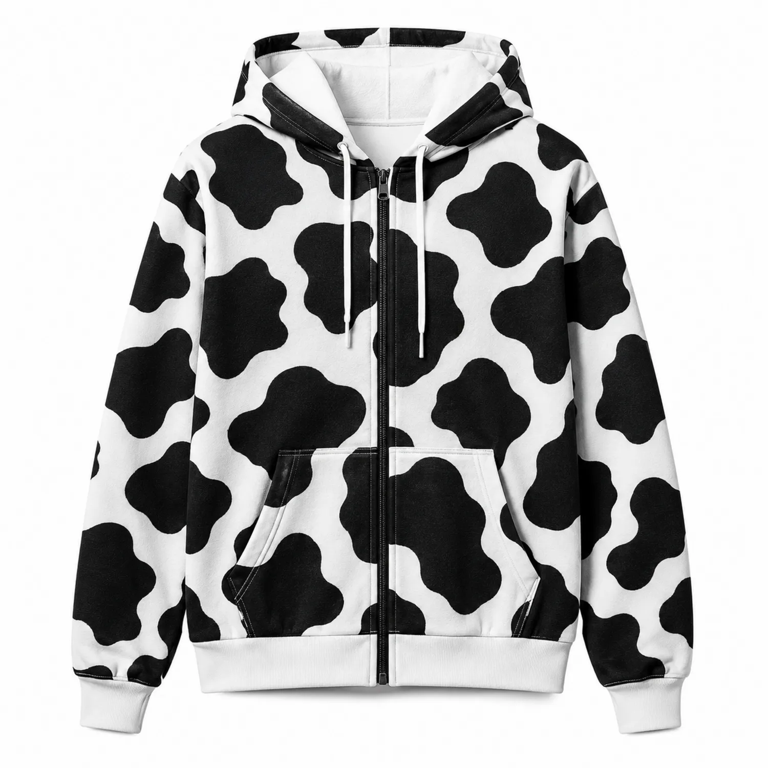 Sudadera con Capucha Estampado de Vaca Blanco y Negro