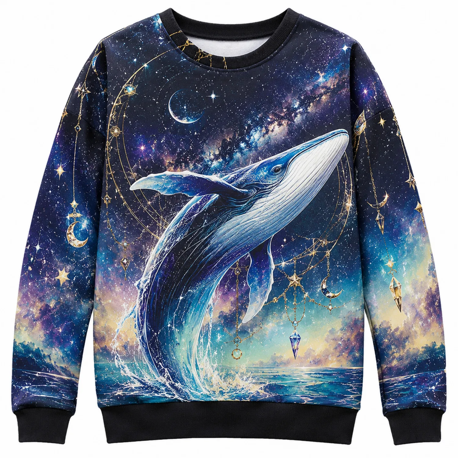 Sudadera Gráfica de Ballena en el Espacio Manga Larga Azul/Negro