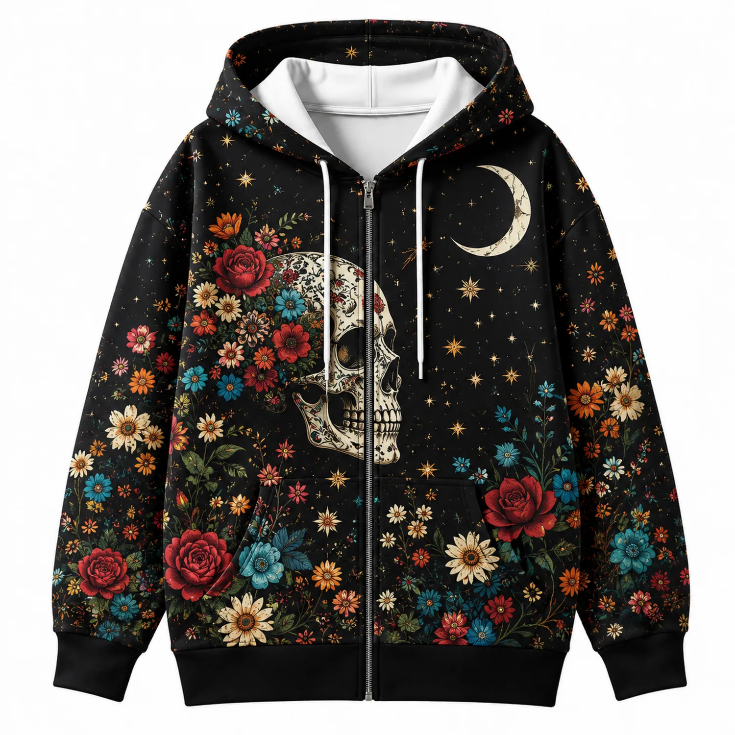 Sudadera con Capucha Negra con Estampado de Calavera y Flores