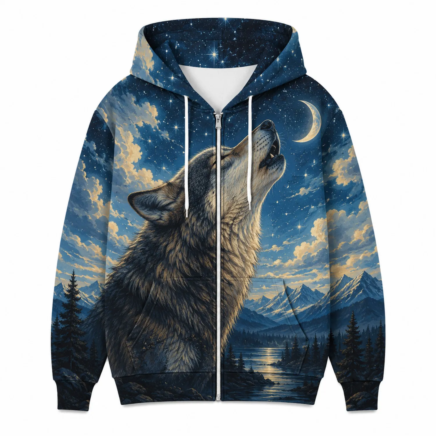 Sudadera con Capucha de Lobo a la Luz de la Luna Azul