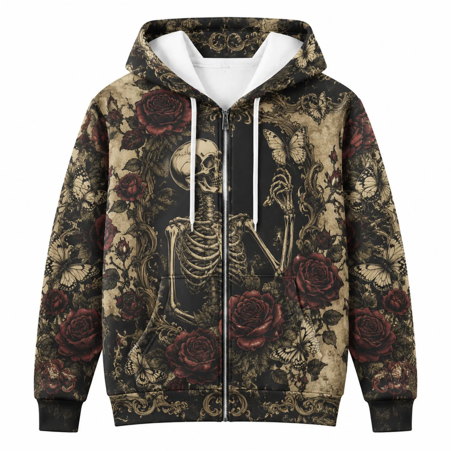 Sudadera con Capucha de Calavera, Rosas y Mariposas en Negro, Beige y Rojo