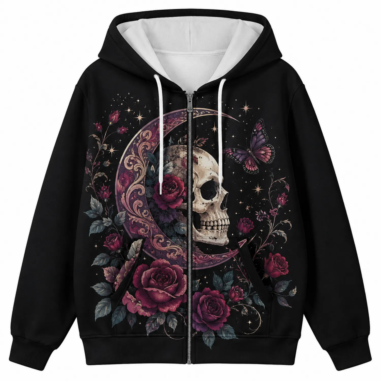 Sudadera con Capucha de Calavera, Rosas y Mariposa Negra