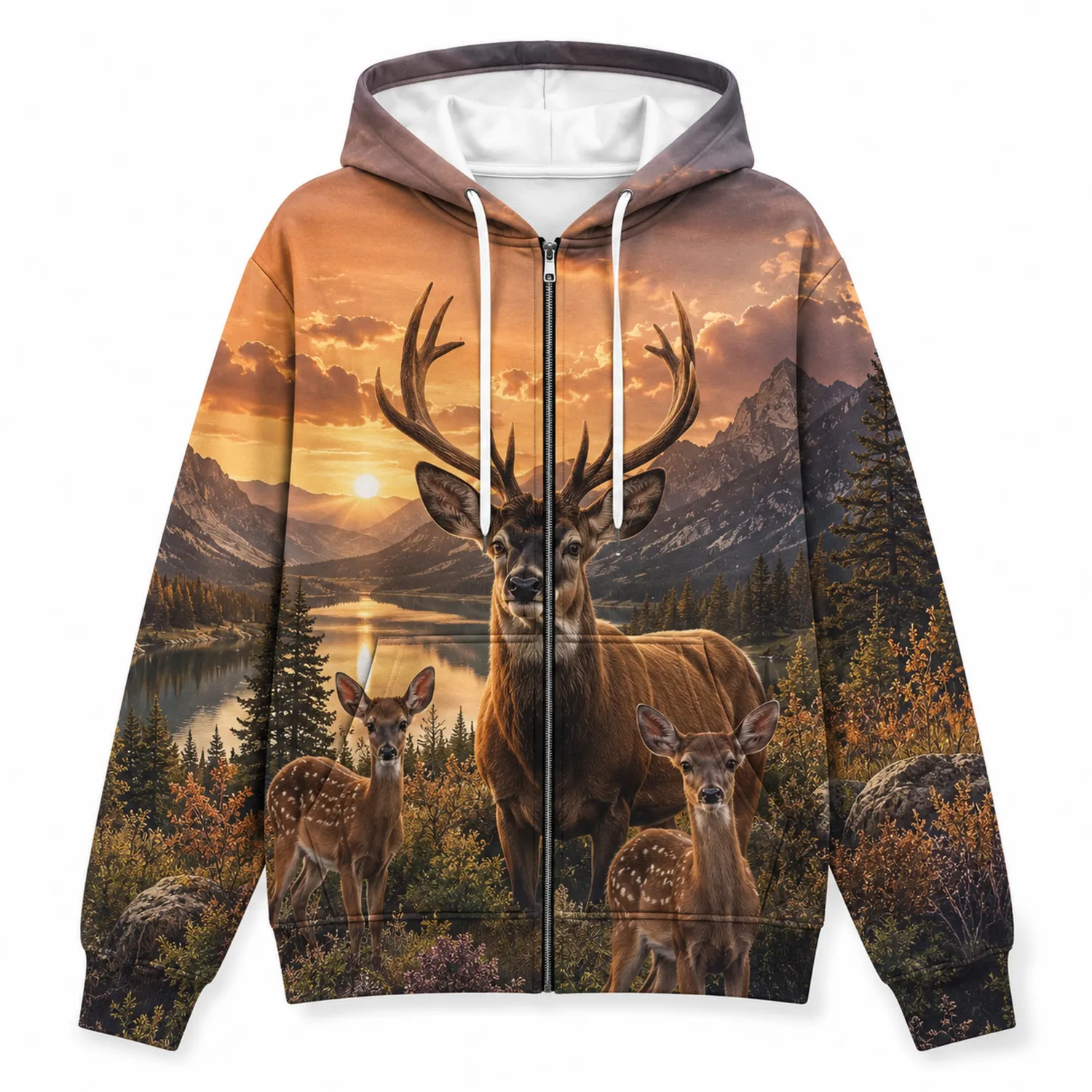 Sudadera con Capucha de Ciervo y Paisaje de Montaña al Atardecer