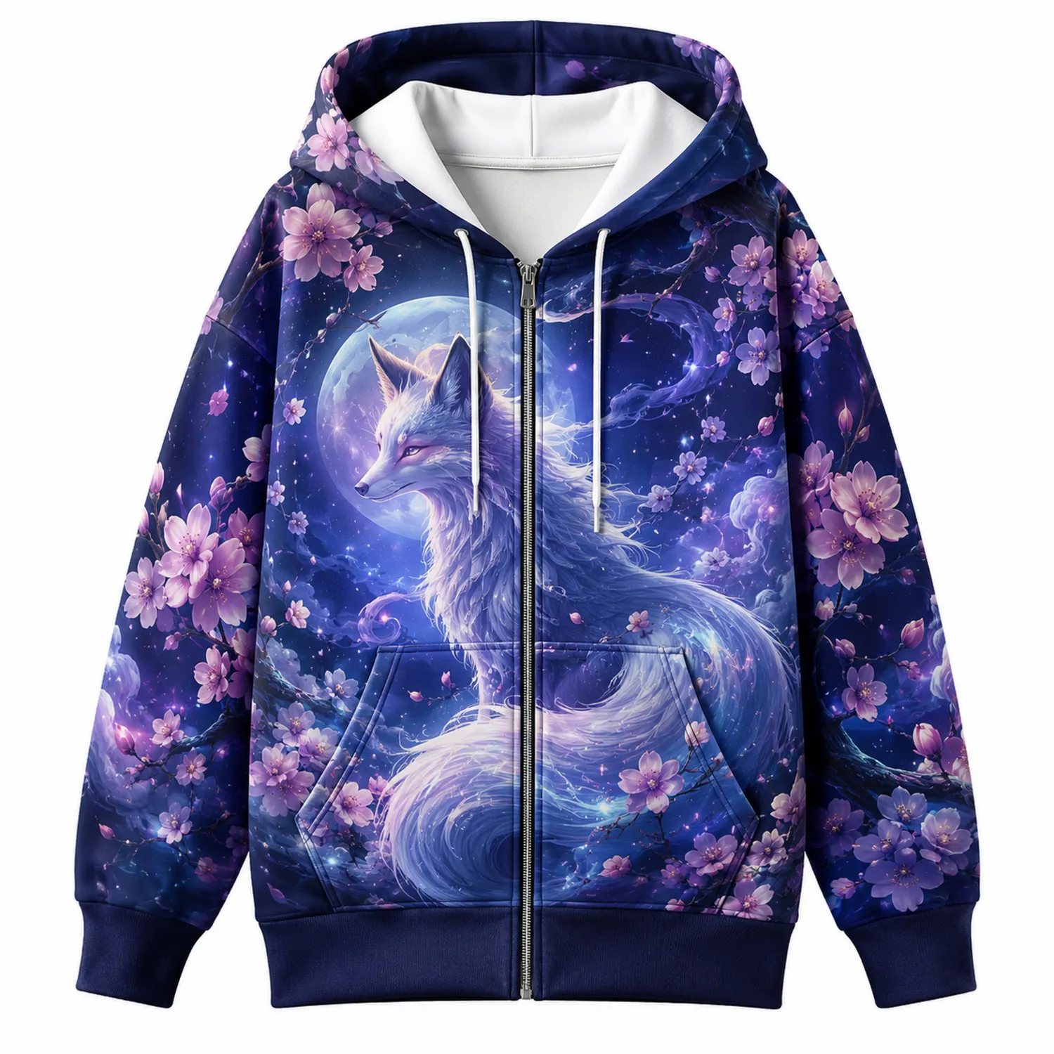 Sudadera con Capucha Zorro Nocturno y Flores de Sakura