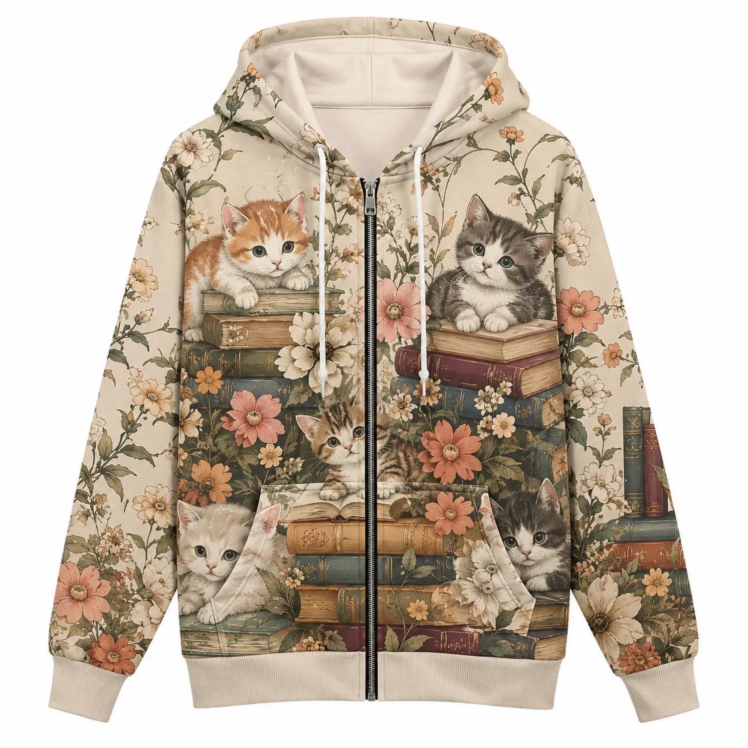 Sudadera con Capucha de Cremallera con Estampado de Gatos y Flores en Beige