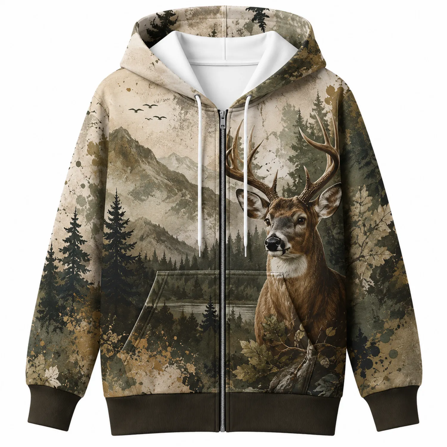 Sudadera con Capucha de Hombre con Paisaje de Ciervo en Colores Tierra