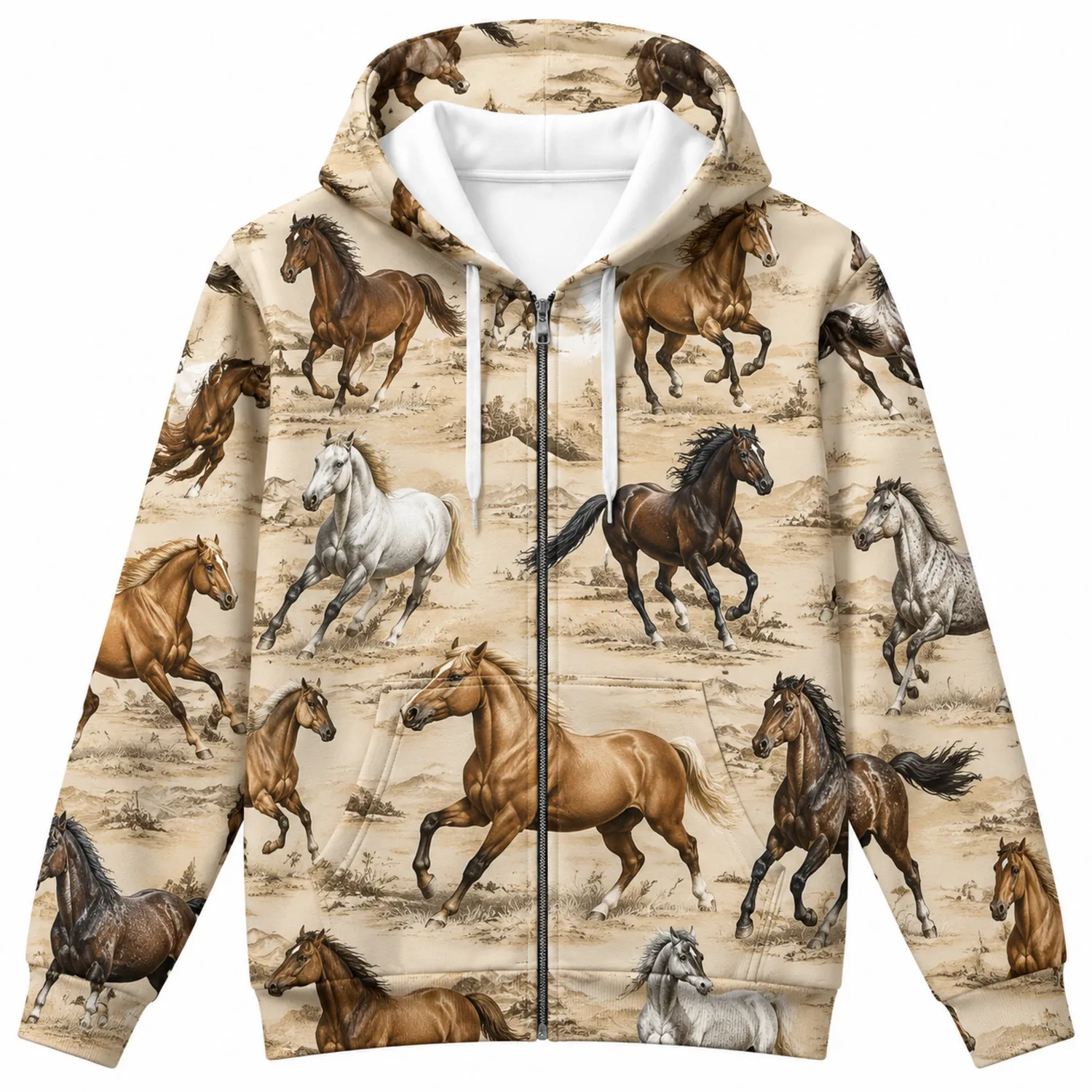 Chaqueta con Capucha Estampado de Caballos Cremallera Manga Larga Beige y Marrón