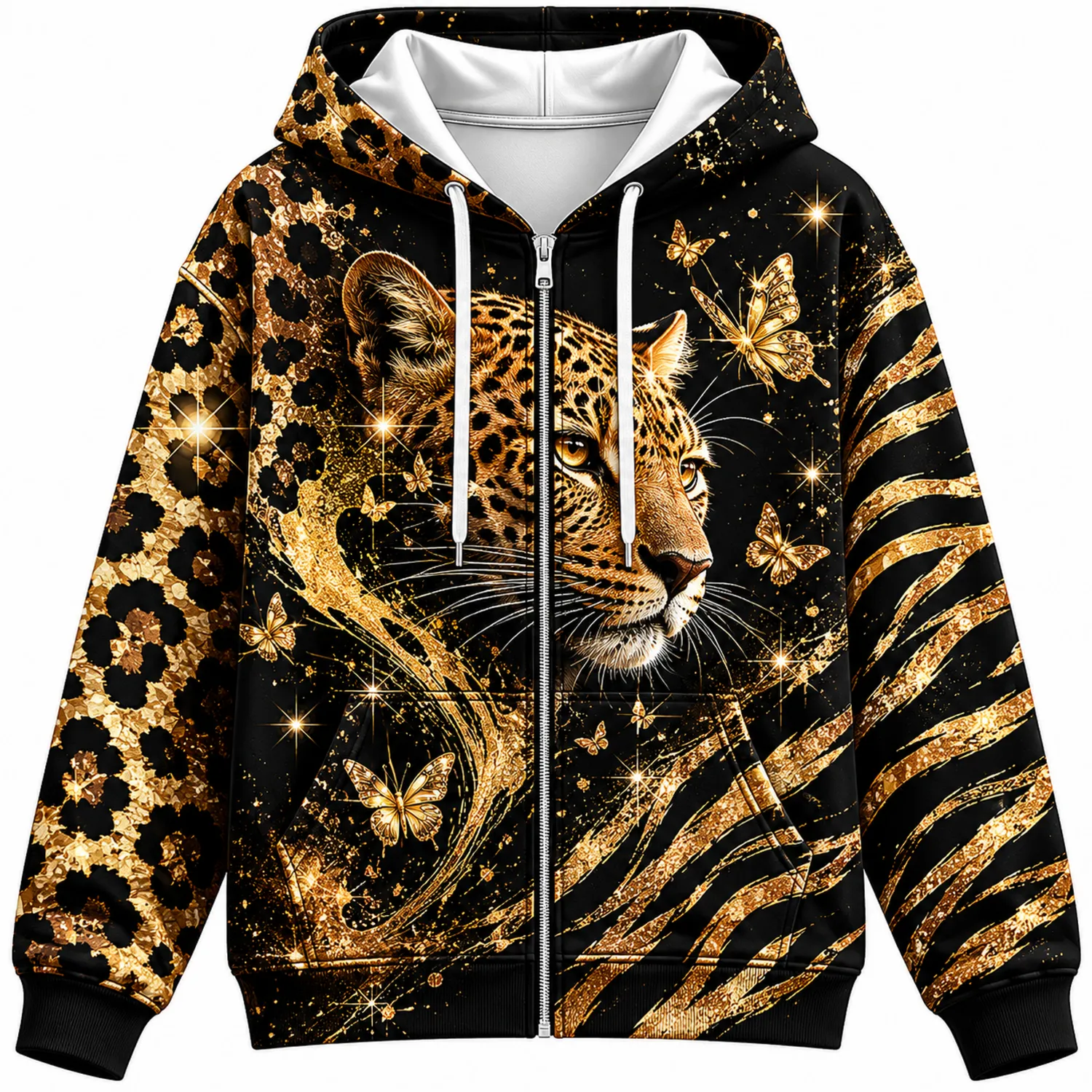 Sudadera con Capucha de Leopardo y Mariposas en Negro y Dorado