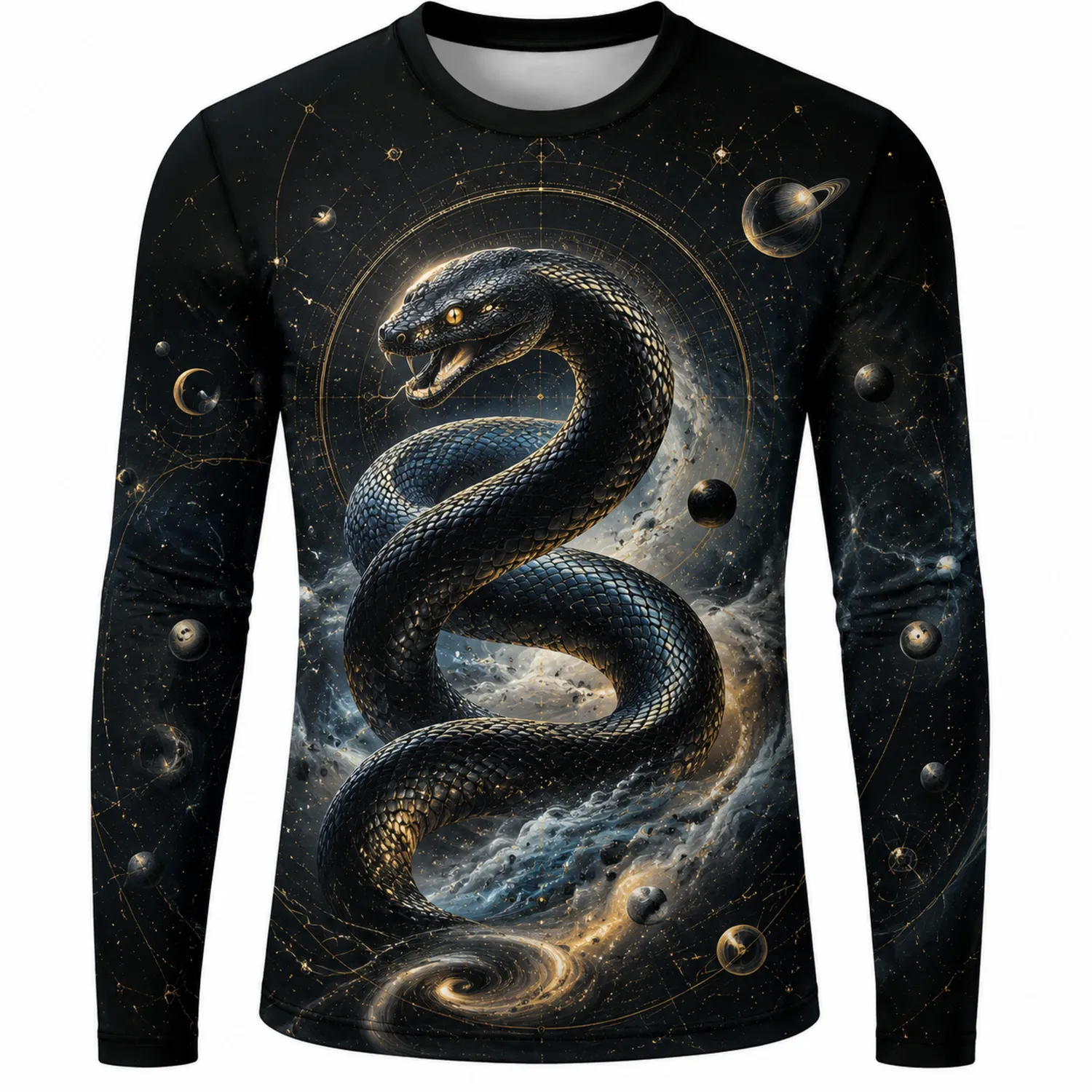 Camiseta Negra de Manga Larga con Estampado Cósmico de Serpiente