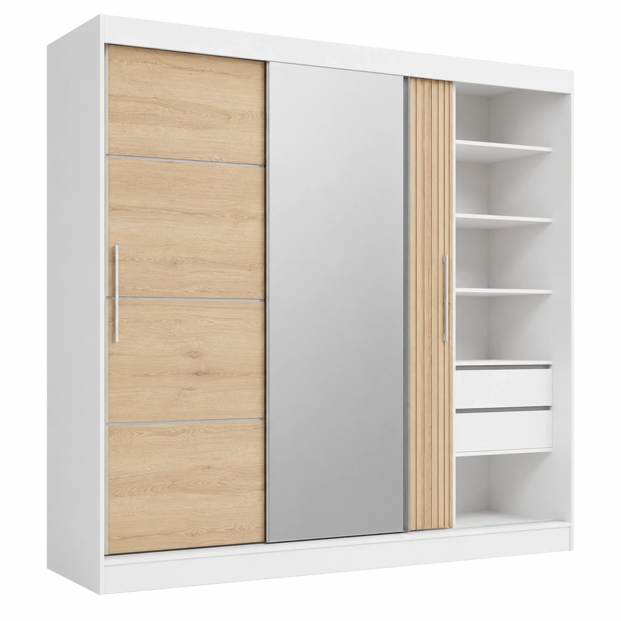 Moderner Schwebeturenschra Brent - 235cm, Spiegel und Schubladen, Weiss/Sonoma Eiche-Oakentra