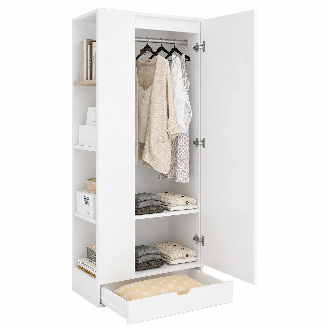 Schmaler Kleiderschra mit Einlegeboden und Schubladen, 70x40x170cm, Einturig, Weiss, Ideal fur Schlafzimmer-Oakentra