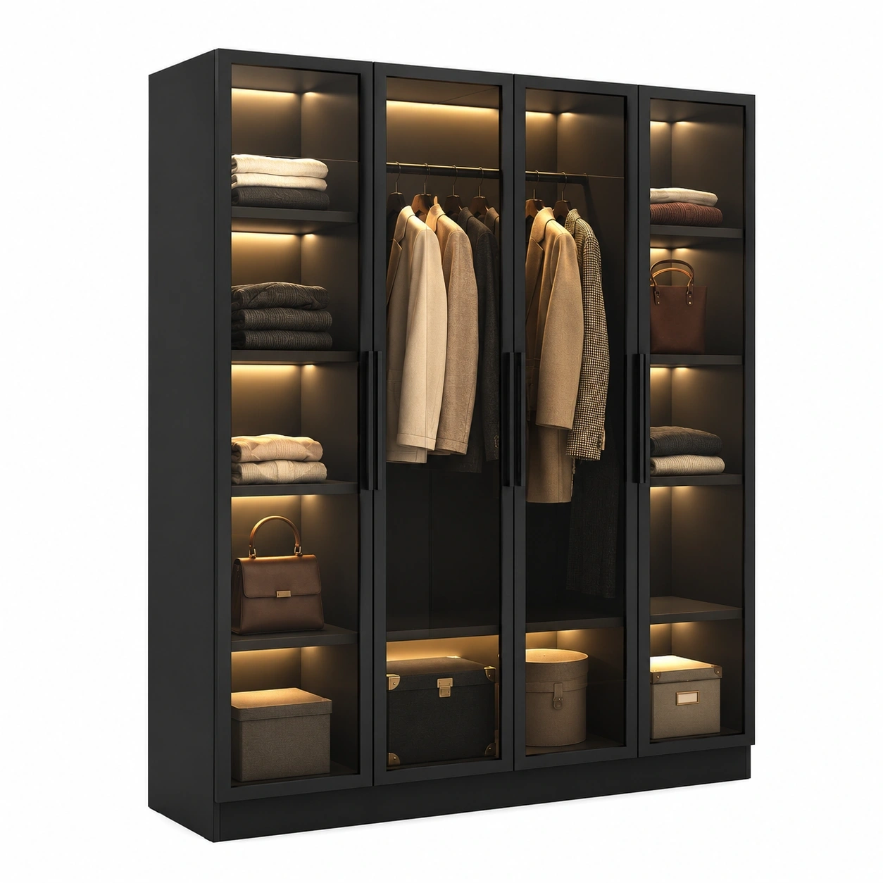 Moderner 6-turiger Glas-Kleiderschra mit LED-Beleuchtung, MDF, 120x48x190 cm, Schwarz-Oakentra