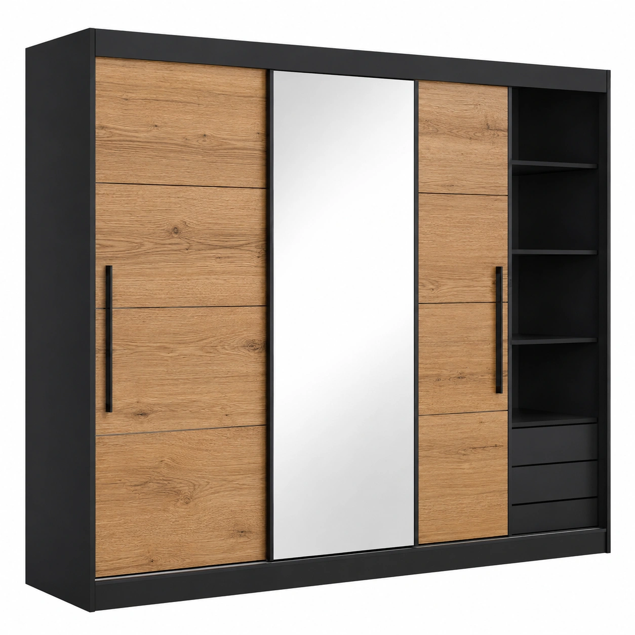 Moderner Kleiderschra mit Spiegel und Schubladen, 200 cm, Schwebeturen, Schwarz/Wotan Eiche-Oakentra