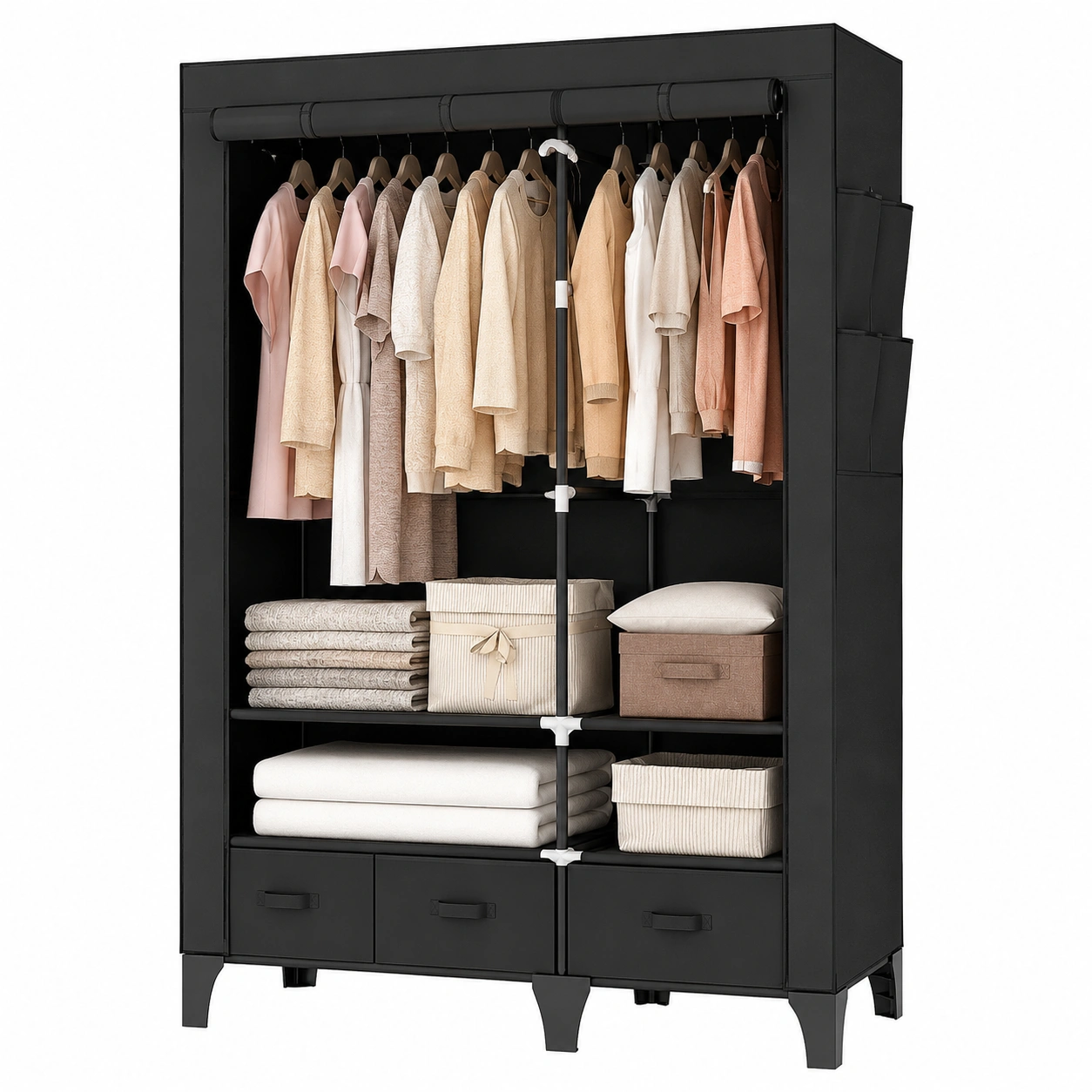 Robuster OPPAIYA Faltschra mit Schubladen, 2 Kleiderstangen, 109 cm Breit, Textil-Garderobe in Schwarz fur Schlafzimmer, 109x45x165 cm-Oakentra