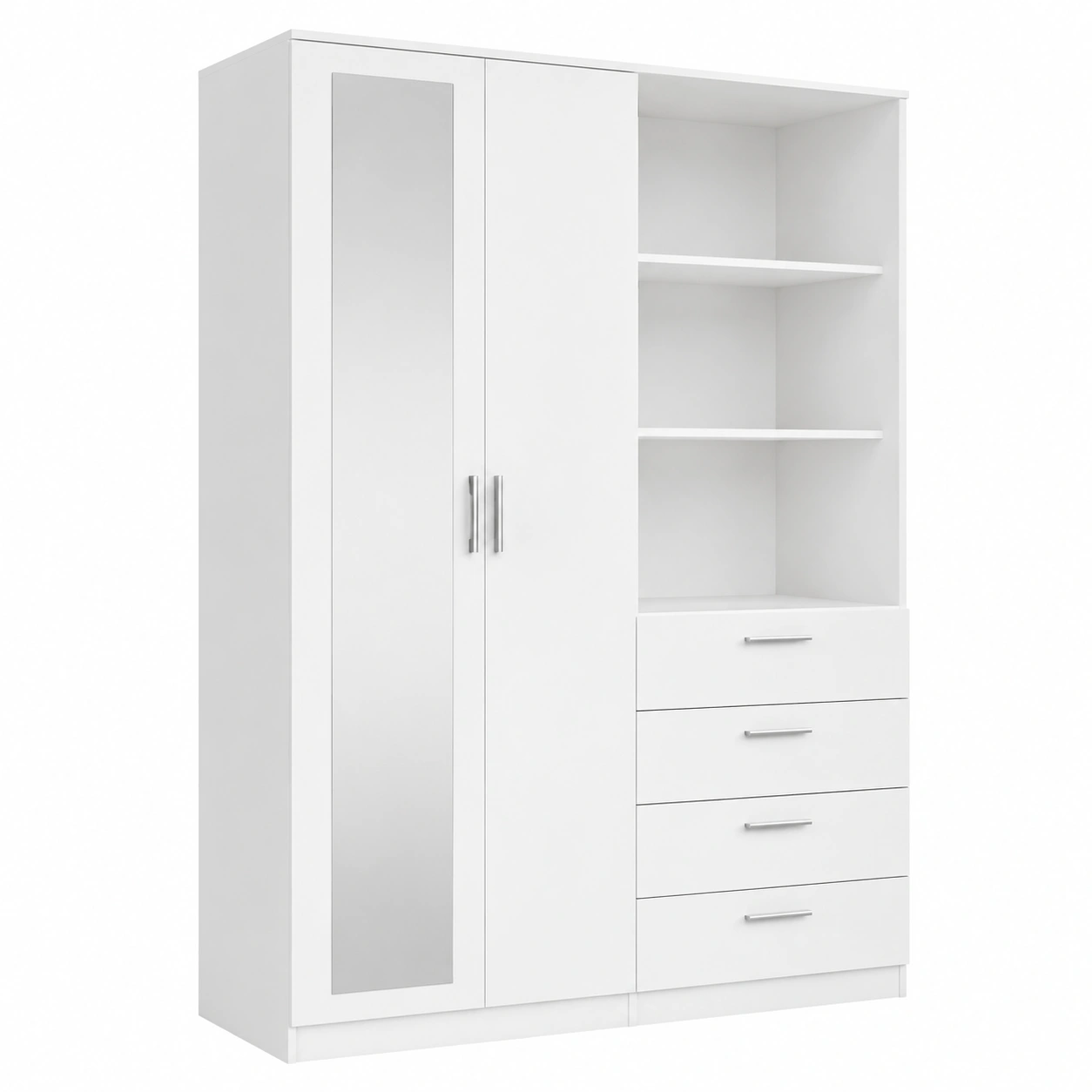 Moderner Kleiderschra DEWANIA 160, Weiss, mit Spiegel und offenen Regalfachern-Oakentra