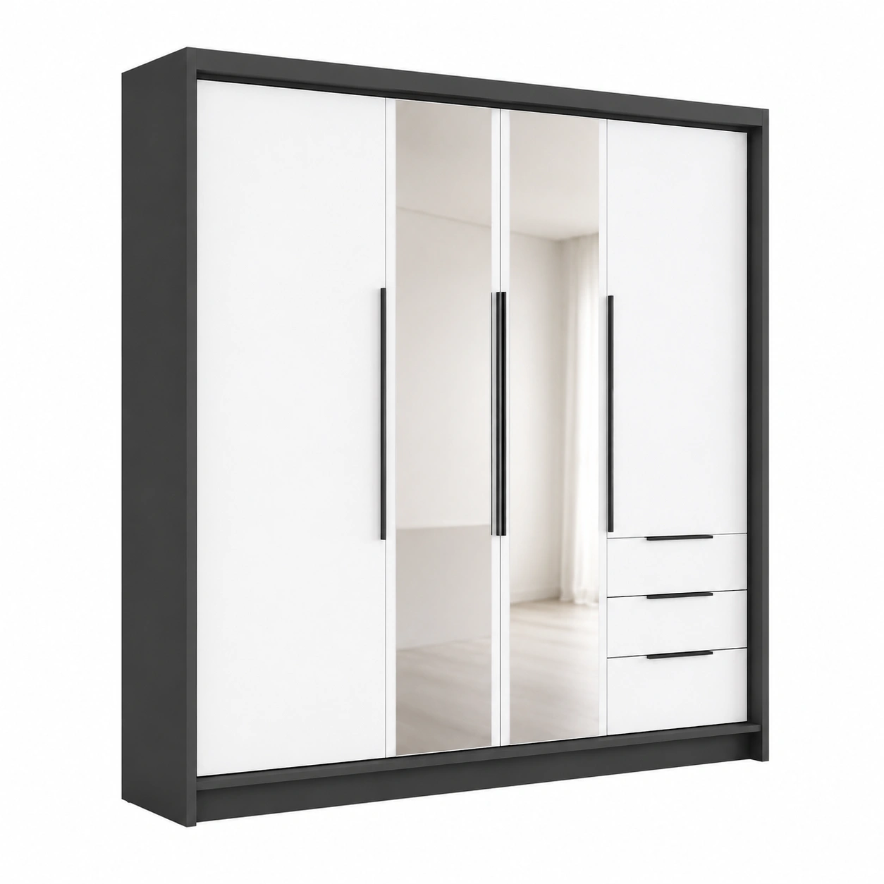 Geraumiger Kleiderschra  mit Spiegel und Schubladen, 4-turig - 200x2 cm-Oakentra