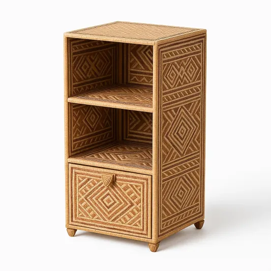 Nachttisch mit Schublade und Regalen aus Rattan, Beige-ilmeravio