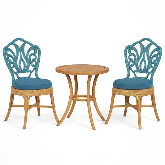 Rattan-Gartenmöbel Set mit 2 Stühlen und rundem Holztisch in Blau/Natur-ilmeravio