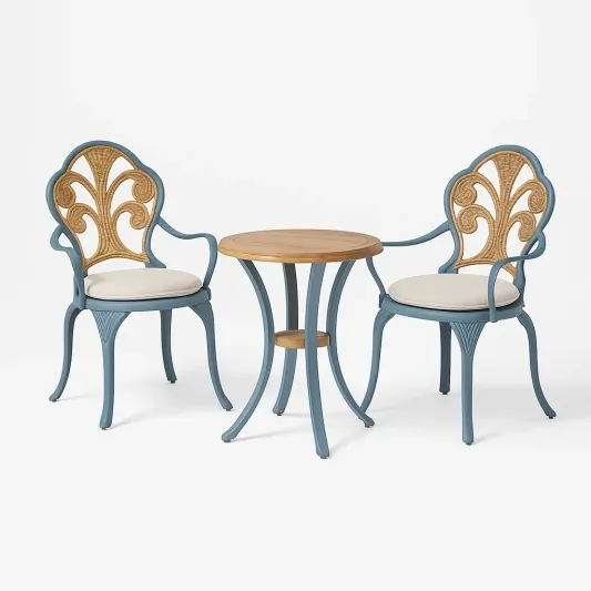 Gartenmöbel Set aus Metall und Holz mit 2 Stühlen und Tisch, Blau/Natur-ilmeravio