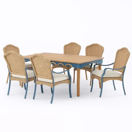 Essgruppe 6-teilig Rattan Natur/Blau mit Holztisch-ilmeravio