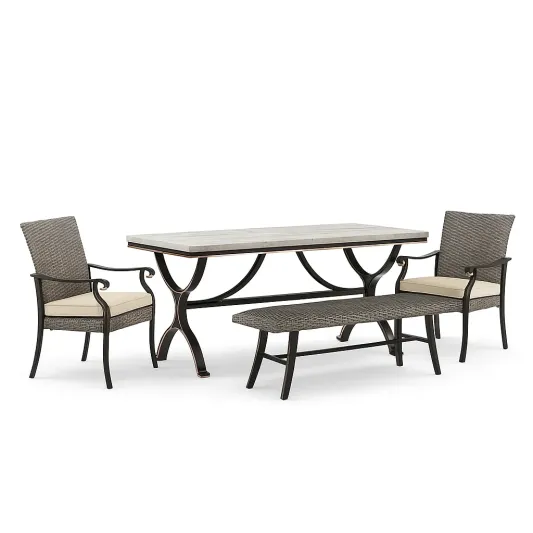 Essgruppe mit Tisch, Stahlgestell und Polyrattan-Stühlen Braun/Beige-ilmeravio