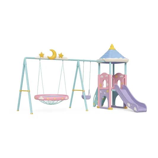 Kinderspielplatz mit Rutsche und Schaukel aus Kunststoff in Rosa, Blau und Lila-ilmeravio