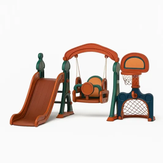3-in-1 Kinderrutsche Schaukelsitz Basketballkorb Set Kunststoff Braun/Grün-ilmeravio