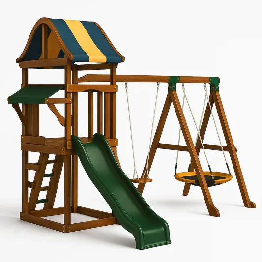 Holzspielplatz mit Schaukel, Rutsche und Kletterturm-ilmeravio