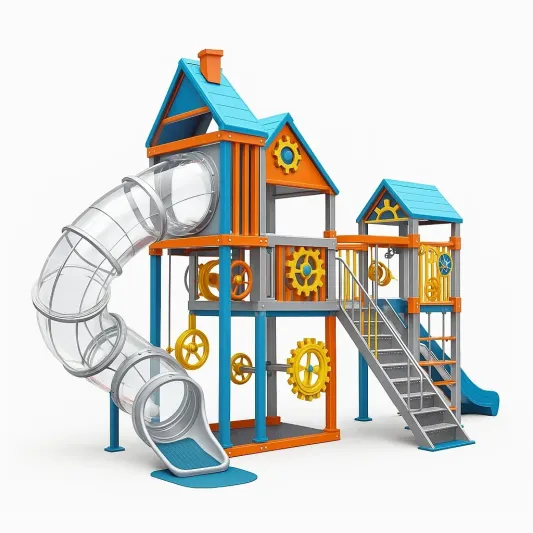 Kinderspielplatz mit Rutsche und Spieltürmen aus Kunststoff und Metall-ilmeravio