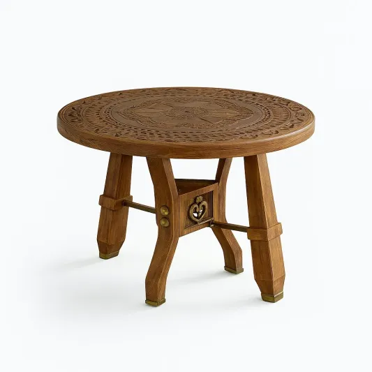Runder Teakholztisch mit geschnitzter Oberfläche, 70 cm-ilmeravio