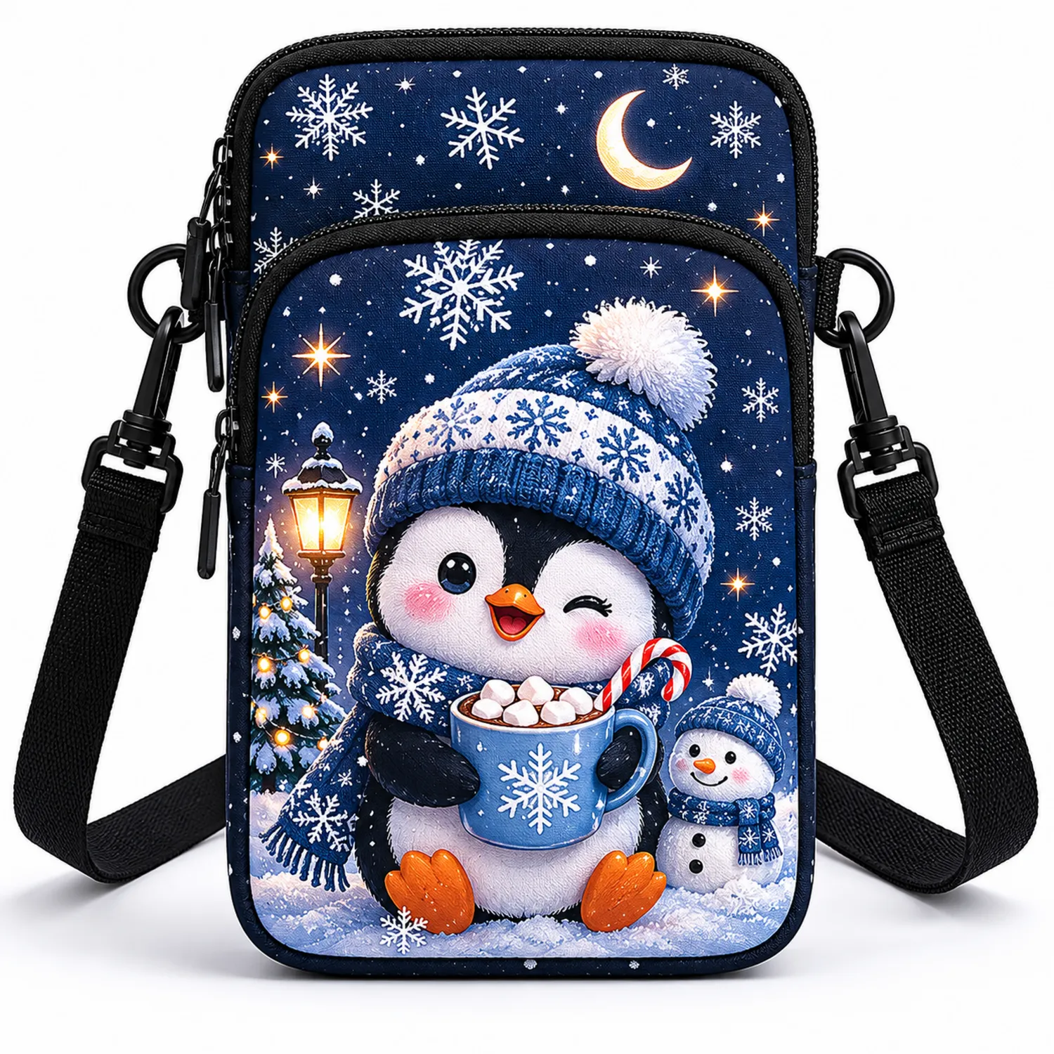 Bolso Bandolera de Invierno con Pingüino y Copos de Nieve Azul