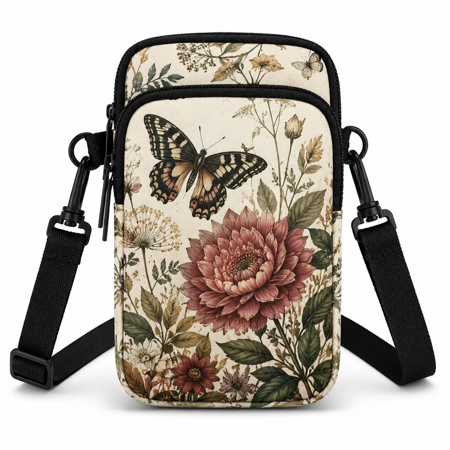 Bolso Cruzado con Estampado Floral y Mariposa en Beige