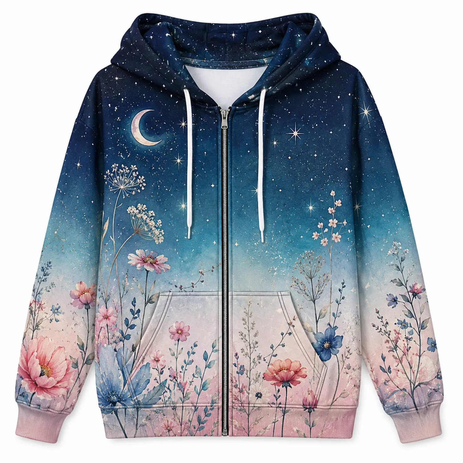 Sudadera con Capucha Estampada de Flores y Estrellas en Azul y Rosa