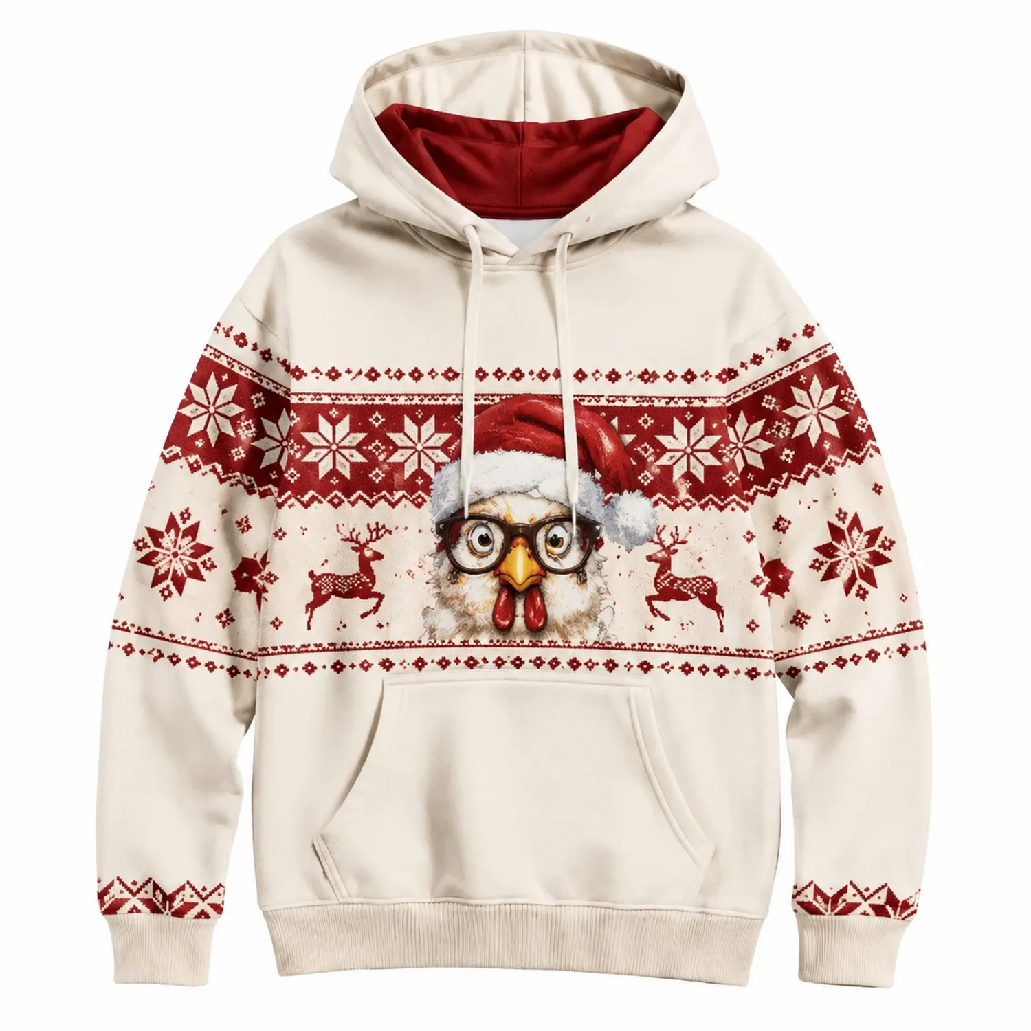 Sudadera Navideña con Capucha Estampada de Gallina y Reno Beige y Roja