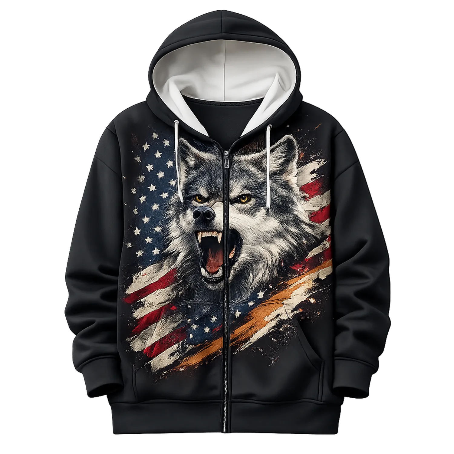 Sudadera con Capucha de Lobo Salvaje y Bandera Americana en Negro