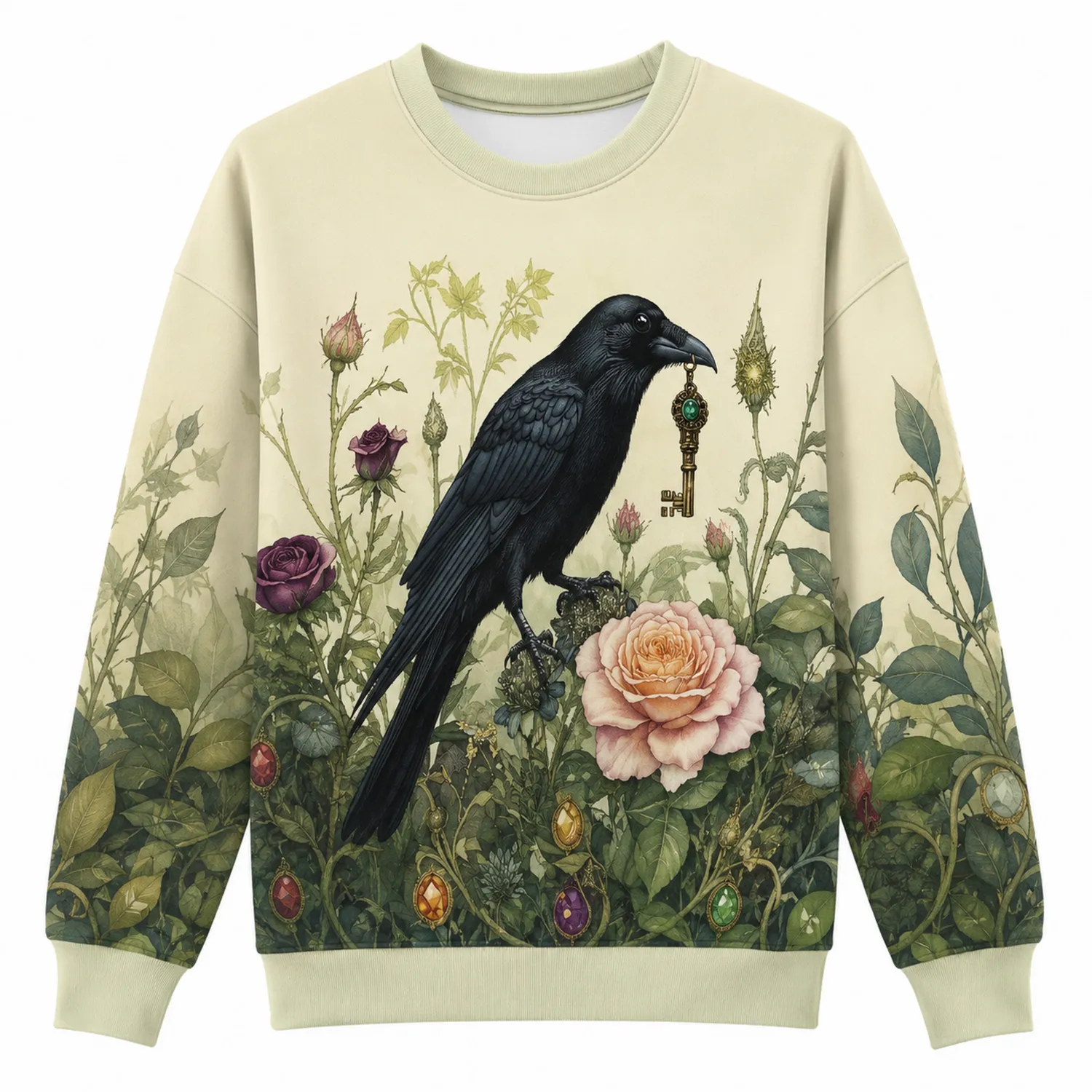 Sudadera Unisex Beige con Estampado de Cuervo y Rosas